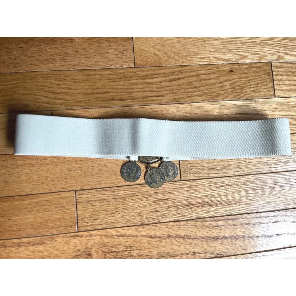 Vintage Made in USA Elastic Cinch Belt Large Off White Brass French Coin Charms